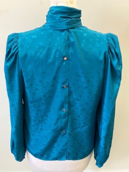 SAN ANDRE, Teal Blue, Polyester, Floral, Solid, Jacquard Tulips, Pussy Bow, B.F., L/S With Gathers At Shoulders, Shoulder Pads
