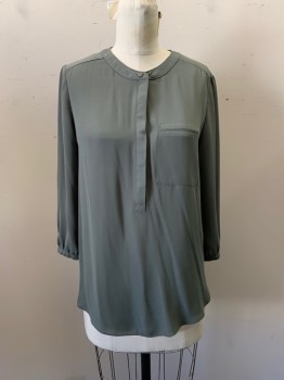 Womens, Blouse, NYDJ, Olive Green, Polyester, Solid, S, Band Collar, Hidden Half Placket Button Front, Long Sleeves, Faux Pocket on Left Side Bust, Pleated Back