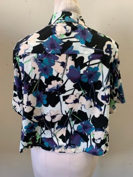 Womens, Blouse, TOPSHOP, White, Black, Navy Blue, Purple, Lt Pink, Polyester, Floral, 8, Button Front, Collar Attached, Short Sleeves, 1 Patch Pocket, Cropped