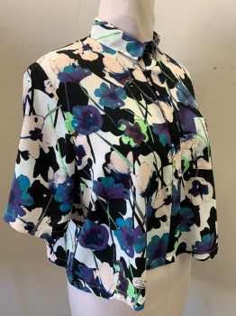 Womens, Blouse, TOPSHOP, White, Black, Navy Blue, Purple, Lt Pink, Polyester, Floral, 8, Button Front, Collar Attached, Short Sleeves, 1 Patch Pocket, Cropped