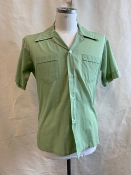 Mens, Casual Shirt, JONATHON HILL, Lt Green, Polyester, Cotton, Solid, L, Collar Attached, Button Front, Short Sleeves, 2 Pockets