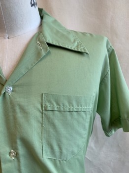 JONATHON HILL, Lt Green, Polyester, Cotton, Solid, Collar Attached, Button Front, Short Sleeves, 2 Pockets