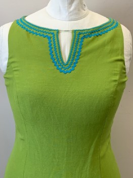 NO LABEL, Lime Green, Turquoise Blue, Linen, Rayon, Solid, Sleeveless, Boat Neck With V Cut, Turquoise Wavy Bands, Back Slit, Zip Back,