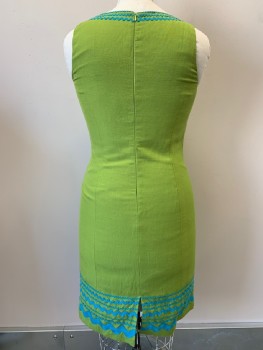 NO LABEL, Lime Green, Turquoise Blue, Linen, Rayon, Solid, Sleeveless, Boat Neck With V Cut, Turquoise Wavy Bands, Back Slit, Zip Back,