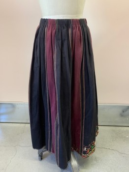 Womens, Historical Fiction Skirt, MTO, Red Burgundy, Black, Purple, Goldenrod Yellow, Olive Green, Cotton, Stripes - Vertical , W24, Channel Pleated  Waist, Floor Length, Hook & Eye Side, Decorative Embroidered Front Border, Raw Edge Hem with Heavy Coarse Woven Backing