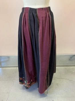 Womens, Historical Fiction Skirt, MTO, Red Burgundy, Black, Purple, Goldenrod Yellow, Olive Green, Cotton, Stripes - Vertical , W24, Channel Pleated  Waist, Floor Length, Hook & Eye Side, Decorative Embroidered Front Border, Raw Edge Hem with Heavy Coarse Woven Backing