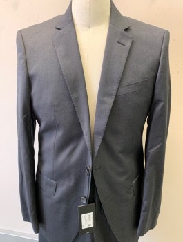 Mens, Suit, Jacket, HUGO BOSS, Charcoal Gray, Wool, Polyester, Solid, 40R, Notched Lapel, 2 Button Front, 3 Pockets  2 Vent Back Pockets