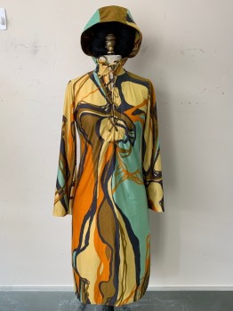 Womens, Dress, Almedahl, Moss Green, Orange, Turquoise Blue, Navy Blue, Polyester, Abstract , W30, B34, L/S, Front Cross Tie, with Hood,