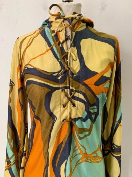 Almedahl, Moss Green, Orange, Turquoise Blue, Navy Blue, Polyester, Abstract , L/S, Front Cross Tie, with Hood,
