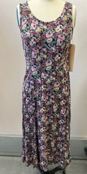 ALL THAT JAZZ, Black, Red Burgundy, Mauve Pink, Dusty Green, Brown, Rayon, Floral, Slvlss, Scoop Neck, Lace Up Back, Bias Cut Sun dress