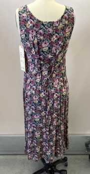 ALL THAT JAZZ, Black, Red Burgundy, Mauve Pink, Dusty Green, Brown, Rayon, Floral, Slvlss, Scoop Neck, Lace Up Back, Bias Cut Sun dress