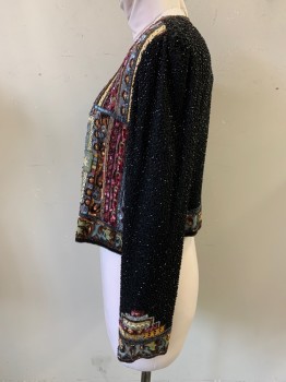 Womens, Evening Jacket, CREATIVE CREATIONS, Black, Sage Green, Maroon Red, Lt Blue, Multi-color, Silk, Beaded, Geometric, Abstract , L, Crew Neck, 1 Hook Eye Closure at Neck, Long Sleeves, Heavy Elaborate Beading, Shoulder Pads
