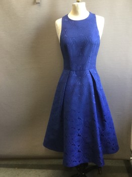 MAGGY LONDON, Navy Blue, Acetate, Floral, Rose Jacquard Brocade Pattern Crew Neck, Sleeveless, Fitted at Waist, Full Skirt Pleated at Waist with Tulle Underskirt Zipper Center Back,
