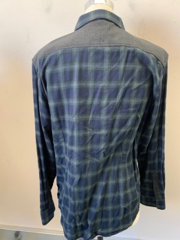 Mens, Casual Shirt, 7 DIAMONDS, Navy Blue, Forest Green, Dk Gray, Cotton, Plaid-  Windowpane, XL, L/S, Button Front, Solid Gray Breast Pocket and Yoke,