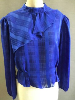 N/L, Royal Blue, Polyester, Plaid, Sheer Fabric, Asymmetrical Neck Ruffle, Band Collar, Long Sleeves with Elastic, Pleats At Waist, Buttons Up Center Back