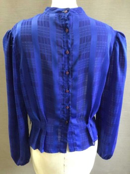 N/L, Royal Blue, Polyester, Plaid, Sheer Fabric, Asymmetrical Neck Ruffle, Band Collar, Long Sleeves with Elastic, Pleats At Waist, Buttons Up Center Back