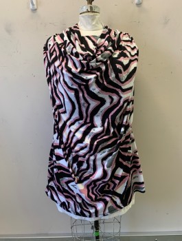 Womens, Top, ASHLEY STEWART, Pink, Black, Multi-color, Polyester, Spandex, Abstract , 22/24, Cowl Neck, Slvls, Gathered Shoulders, Gray An White Accents