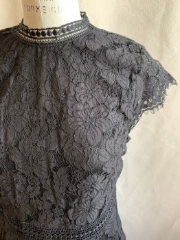 H&M, Black, Polyamide, Cotton, Solid, Lace Over Lining, Lace with Eyelash Trim Cap Sleeve, Crew Neck Lace Trim, Zip Back, Lace Waistband