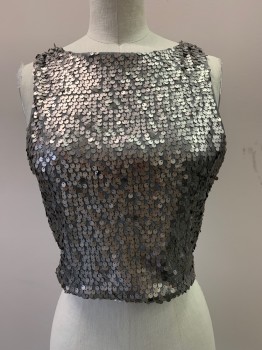 Womens, Top, EXPRESS, Silver, Polyester, Solid, S, Sleeveless, Crew Neck, Sequins, Cropped, Back Zipper