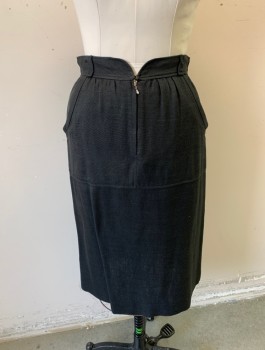COURREGES, Black, Rayon, Solid, 1" Wide Self Waistband, Gathered Waist, Center Front Zipper, 2 Side Pockets, Belt Loops, Straight Cut, Knee Length,