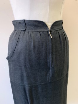 Womens, Skirt, COURREGES, Black, Rayon, Solid, H:40, W:30, 1" Wide Self Waistband, Gathered Waist, Center Front Zipper, 2 Side Pockets, Belt Loops, Straight Cut, Knee Length,