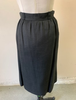 COURREGES, Black, Rayon, Solid, 1" Wide Self Waistband, Gathered Waist, Center Front Zipper, 2 Side Pockets, Belt Loops, Straight Cut, Knee Length,