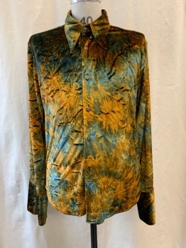 Mens, Shirt Disco, NL, Brown, Blue, Green, Goldenrod Yellow, Cotton, Synthetic, Tie-dye, 37, 16/, Velvet, Collar Attached, Button Front, Long Sleeves