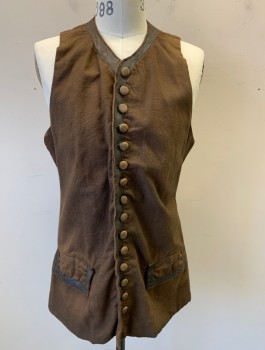 Mens, Historical Fiction Vest, N/L MTO, Brown, Cotton, Leather, Solid, 38, Canvas with Aged Leather Trim, Brown Buttons at Front, 2 Faux Flap Pockets, Subtle Aging/Distressing Throughout, Self Belt with Ties at Center Back Waist, Made To Order Reproduction