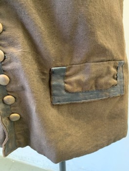 N/L MTO, Brown, Cotton, Leather, Solid, Canvas with Aged Leather Trim, Brown Buttons at Front, 2 Faux Flap Pockets, Subtle Aging/Distressing Throughout, Self Belt with Ties at Center Back Waist, Made To Order Reproduction