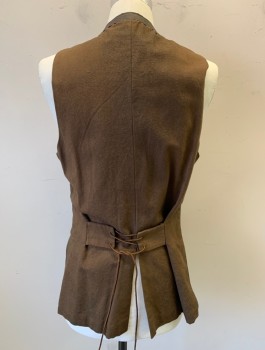 Mens, Historical Fiction Vest, N/L MTO, Brown, Cotton, Leather, Solid, 38, Canvas with Aged Leather Trim, Brown Buttons at Front, 2 Faux Flap Pockets, Subtle Aging/Distressing Throughout, Self Belt with Ties at Center Back Waist, Made To Order Reproduction