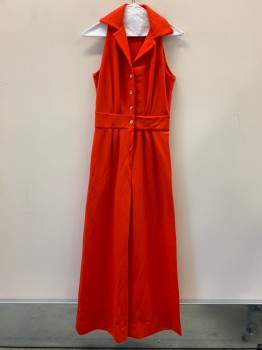 Womens, Jumpsuit, MTO, Cherry Red, Polyester, Solid, W28, B36, H34, Sleeveless, V Neck, Collar Attached, B.F., Zip Front, Pleated, Wide Leg,