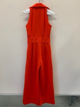 Womens, Jumpsuit, MTO, Cherry Red, Polyester, Solid, W28, B36, H34, Sleeveless, V Neck, Collar Attached, B.F., Zip Front, Pleated, Wide Leg,