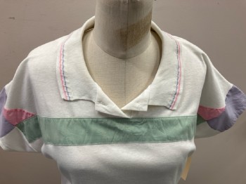 MARCIA, White with Lt Green H-stripe Across Chest & Pink & Lavender On Cap Slvs, Polo, Stains On Front