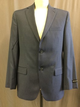 Mens, Suit, Jacket, SAKS FIFTH AVENUE, Navy Blue, Royal Blue, Wool, Stripes, 40R, Single Breasted, 2 Buttons,  Notched Lapel, 3 Pockets, Group Stripe of Solid and Broken Pinstripes, Slightly Scratchy Stiff Wool