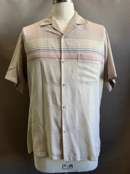 Town Craft, Beige, Tan Brown, Dk Purple, Brick Red, Teal Blue, Cotton, Polyester, Stripes, S/S, Button Front, Collar Attached, Chest Pocket
