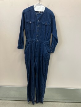 Womens, Jumpsuit, RTW SPIEGAL, W:32, B:42, H:44, Blue Denim CN, L/S, Elastic Back Waist, 4 Pckts, Zip Fly, B.F., Double Pleats Front From Inset Waistband Up Into Bodice & Down Into Pant, Shoulder Pads