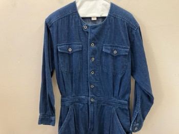 RTW SPIEGAL, Blue Denim CN, L/S, Elastic Back Waist, 4 Pckts, Zip Fly, B.F., Double Pleats Front From Inset Waistband Up Into Bodice & Down Into Pant, Shoulder Pads