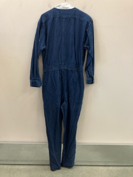 Womens, Jumpsuit, RTW SPIEGAL, W:32, B:42, H:44, Blue Denim CN, L/S, Elastic Back Waist, 4 Pckts, Zip Fly, B.F., Double Pleats Front From Inset Waistband Up Into Bodice & Down Into Pant, Shoulder Pads