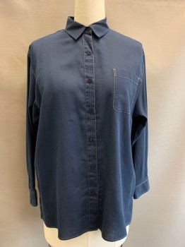 Womens, Blouse, LAFAYETTE 148, Navy Blue, Cotton, Solid, M, L/S, Button Front, Collar attached, Chest Pocket, Brown Stitching
