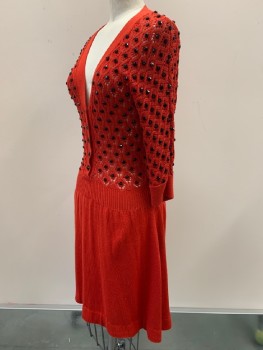 MARC JACOBS, Red, Black, Cotton, Silk, Cable Knit, Dots, 3/4th Sleeves, V Neck, Knit Top With Black Gems, B.F., Flared Bottom,