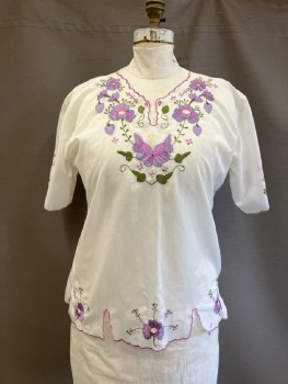 Womens, Top, N/L, B:42, Cream with Lav/Olive Embroiderred Floral & Scallopped Edges, Pull On, S/S,