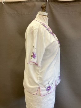 Womens, Top, N/L, B:42, Cream with Lav/Olive Embroiderred Floral & Scallopped Edges, Pull On, S/S,