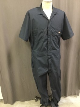 Mens, Coveralls Men, DICKIES, Navy Blue, Poly/Cotton, Solid, Reg., Large, Collar Attached, Snap and Zip Front, 7 Pockets = 2 Breast Pockets (one with Snap) , 2 Back Pockets (one with Button), 2 Front Slash Pockets, One Side Pocket, Short Sleeves