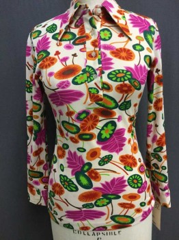 IMPORT, Ecru, Hot Pink, Orange, Green, Lime Green, Polyester, Floral, Long Sleeves, 4 Button Front, Collar Attached,  Knit, Top Stitching, Large Floral Print