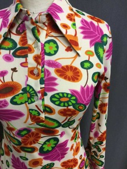 Womens, Blouse, IMPORT, Ecru, Hot Pink, Orange, Green, Lime Green, Polyester, Floral, 6, Long Sleeves, 4 Button Front, Collar Attached,  Knit, Top Stitching, Large Floral Print