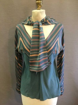 Womens, Blouse, M.T.O., Sage Green, Cream, Orange, Maroon Red, Black, Polyester, Stripes, Solid, B:36, Long Sleeves, Pullover, V-neck with Self Tie Collar, Yoke/Sleeves Striped, Raglan Sleeves, Button Eye On Cuffs, Double