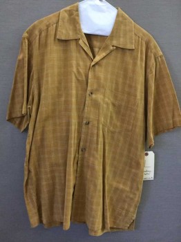 Zanella, Brown, Orange, Green, Cotton, Plaid-  Windowpane, Button Front, Collar Attached,  1 Pocket, Short Sleeves, Is 1980's But Looks 1950's