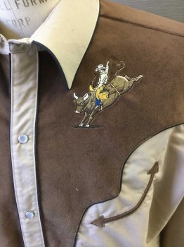 Mens, Western, ESPUELA DE ORO, Brown, Tan Brown, Polyester, Cotton, Human Figure, Text, XXL, Long Sleeves, Snap Front, Western Pocket, Cowboy On Bull With The Word Rodeo Embroidery, Piping, Velour Western Yoke,