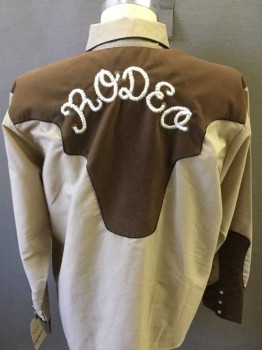 ESPUELA DE ORO, Brown, Tan Brown, Polyester, Cotton, Human Figure, Text, Long Sleeves, Snap Front, Western Pocket, Cowboy On Bull With The Word Rodeo Embroidery, Piping, Velour Western Yoke,