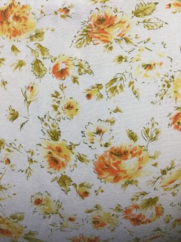 NL, Cream, Orange, Yellow, Olive Green, Cotton, Floral, Floral Printed Cotton. Crew Neck with Rushed Detail Band at Neck. Short Sleeves, Zipper Center Back,